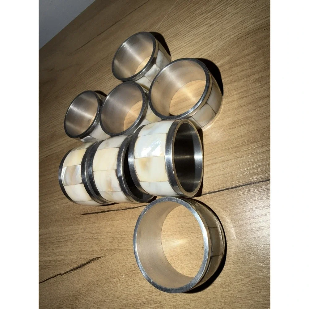 Mother of Pearl Abalone Shell Silver Tone Chrome Napkin Ring Set 6 Pcs Beachy